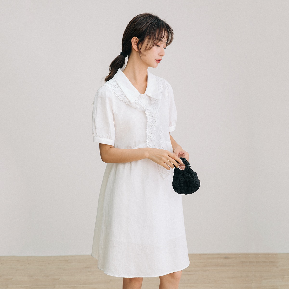 ワンピース レディース 半袖 オフィス 夏 大きいサイズ 5分袖 vネック フレンチスリーブシャツ