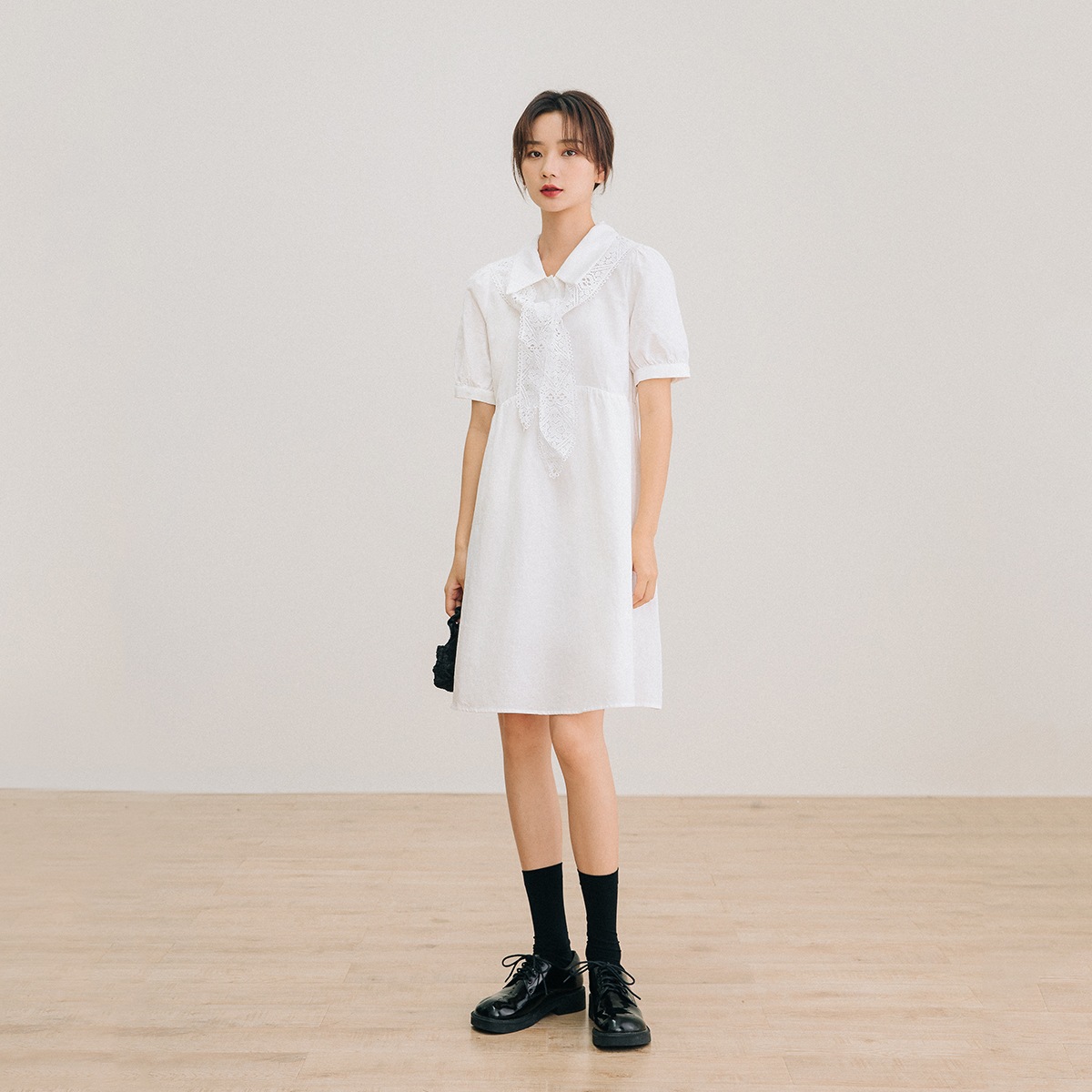 ワンピース レディース 半袖 オフィス 夏 大きいサイズ 5分袖 vネック フレンチスリーブシャツ