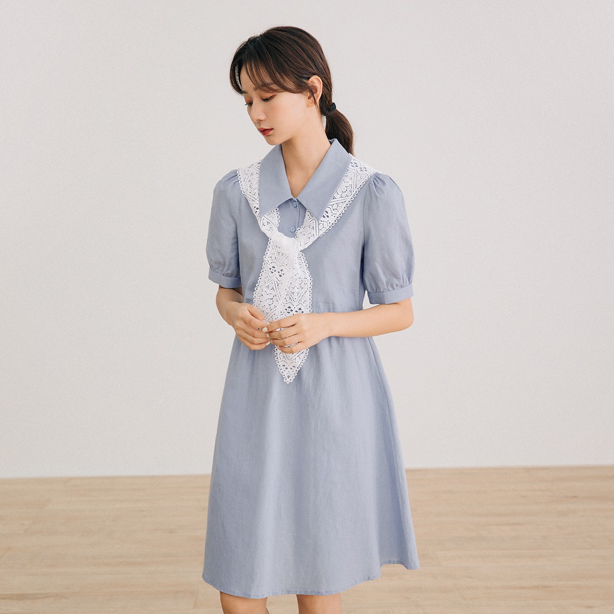 ワンピース レディース 半袖 オフィス 夏 大きいサイズ 5分袖 vネック フレンチスリーブシャツ