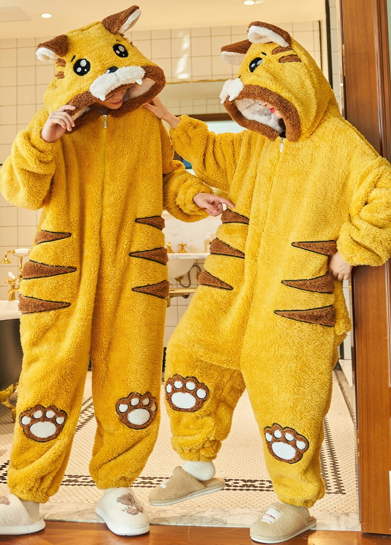 着ぐるみ パジャマ カップル ペア 大人用 ルームウェア もこもこ 動物 トラ タイガー 猫 虎 イエロー ペア 着ぐるみパジャマ お揃い もこもこ ネコ ペアパジャマ モコモコパジャマ フリース 冬