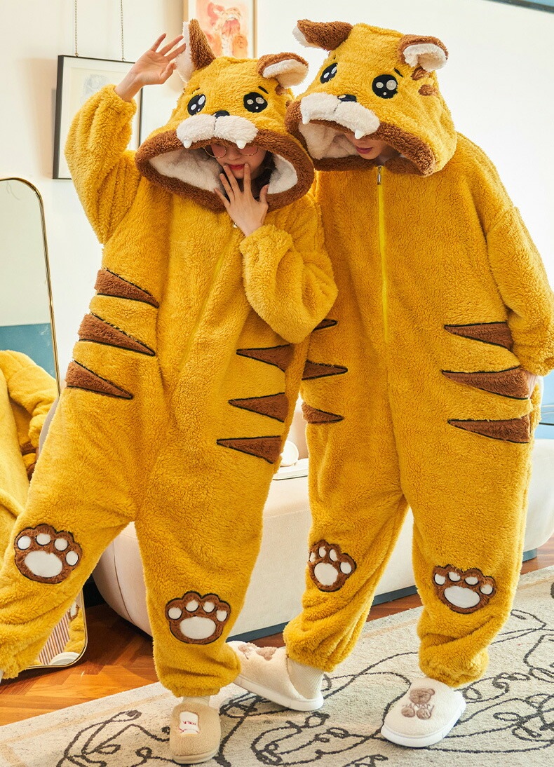 着ぐるみ パジャマ カップル ペア 大人用 ルームウェア もこもこ 動物 トラ タイガー 猫 虎 イエロー ペア 着ぐるみパジャマ お揃い もこもこ ネコ ペアパジャマ モコモコパジャマ フリース 冬