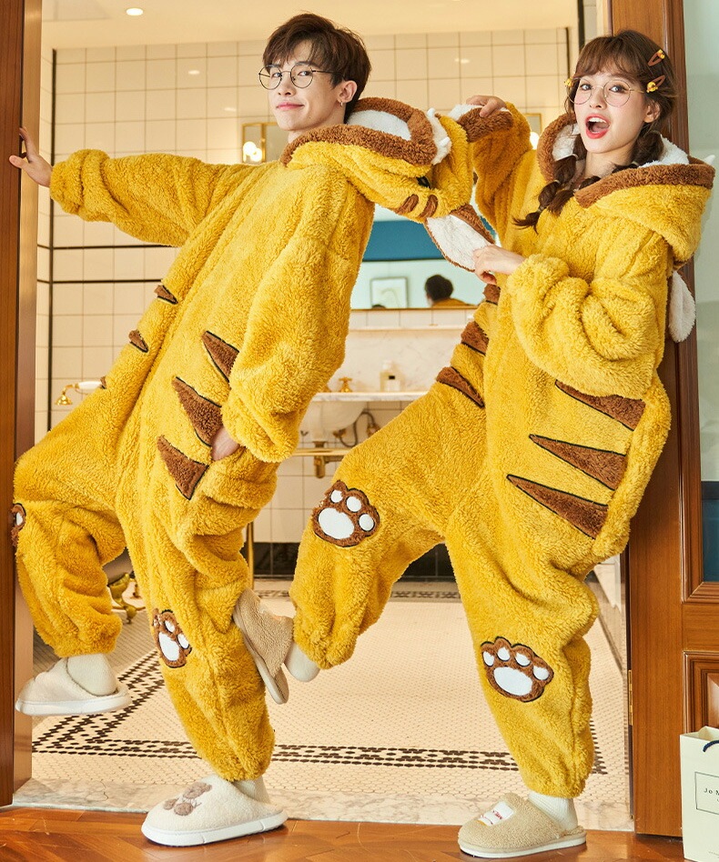 着ぐるみ パジャマ カップル ペア 大人用 ルームウェア もこもこ 動物 トラ タイガー 猫 虎 イエロー ペア 着ぐるみパジャマ お揃い もこもこ ネコ ペアパジャマ モコモコパジャマ フリース 冬