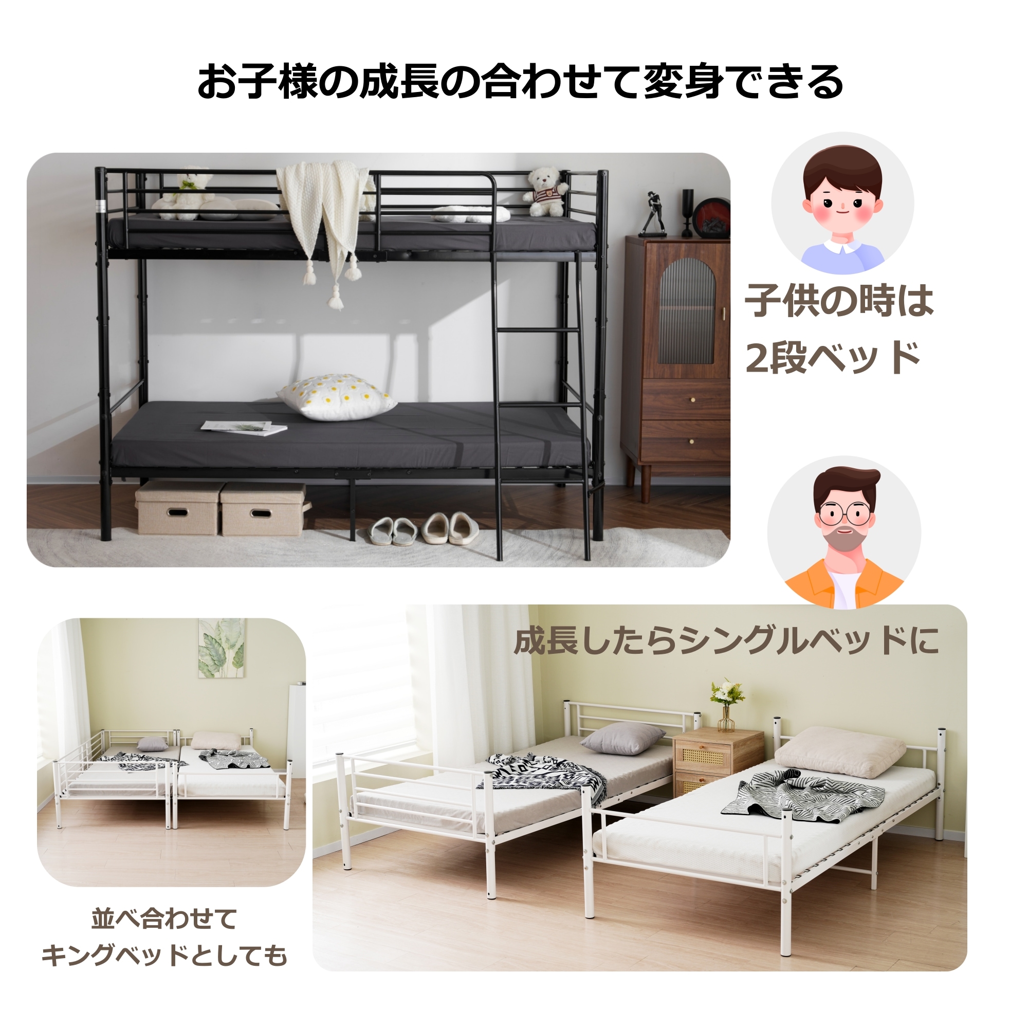 【大好評！最安値挑戦!】二段ベッド ロフトベッド シングルベッド パイプ 耐震 頑丈フレーム 大人ベッド 子供部屋 社員寮 学生寮 耐荷重150kg ミドルタイプ 高さ150cm [ホワイト]GG83
