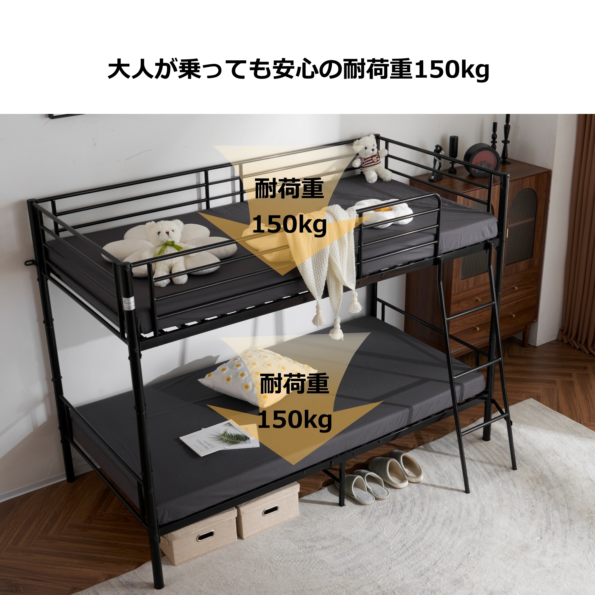 【大好評！最安値挑戦!】二段ベッド ロフトベッド シングルベッド パイプ 耐震 頑丈フレーム 大人ベッド 子供部屋 社員寮 学生寮 耐荷重150kg ミドルタイプ 高さ150cm [ホワイト]GG83