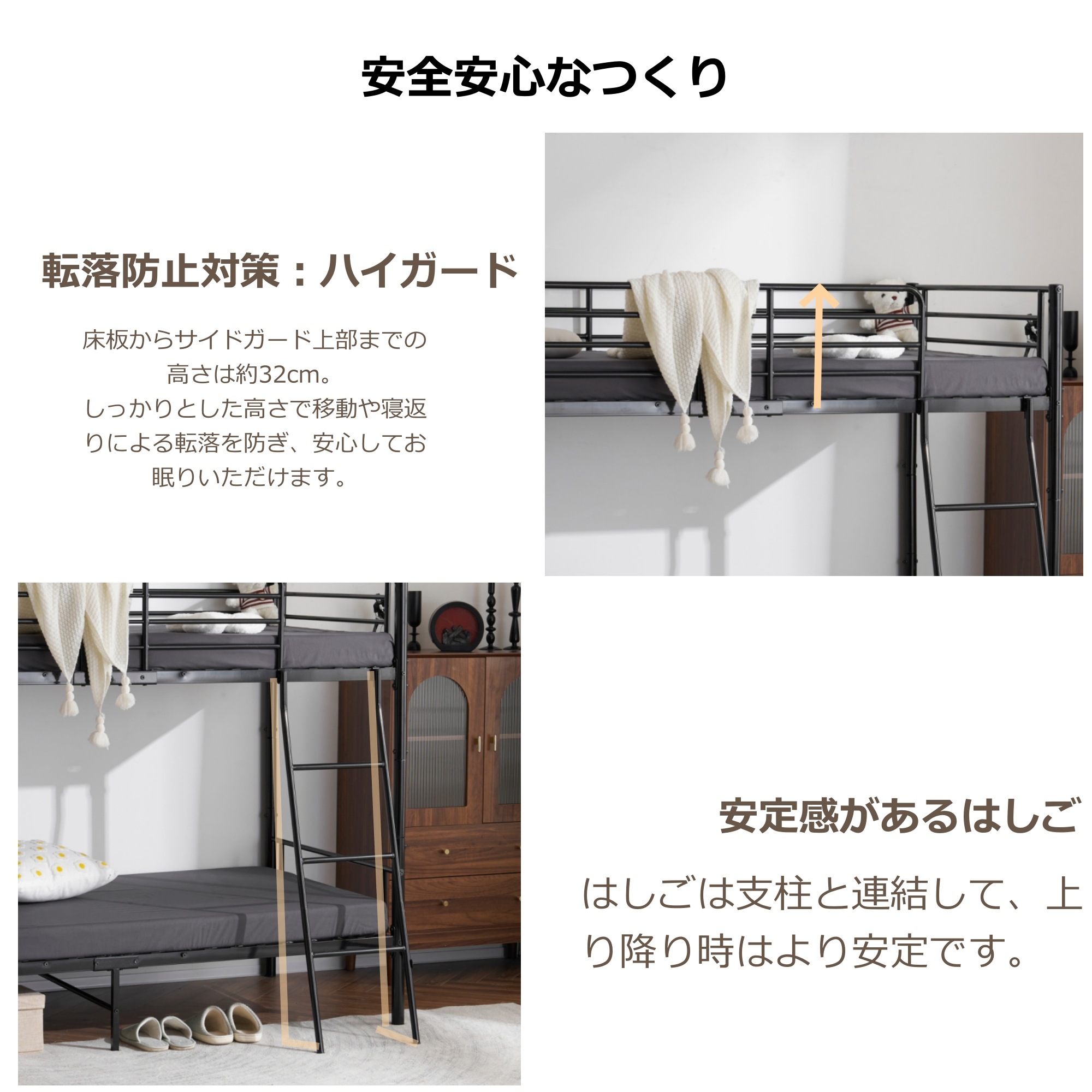 【大好評！最安値挑戦!】二段ベッド ロフトベッド シングルベッド パイプ 耐震 頑丈フレーム 大人ベッド 子供部屋 社員寮 学生寮 耐荷重150kg ミドルタイプ 高さ150cm [ホワイト]GG83