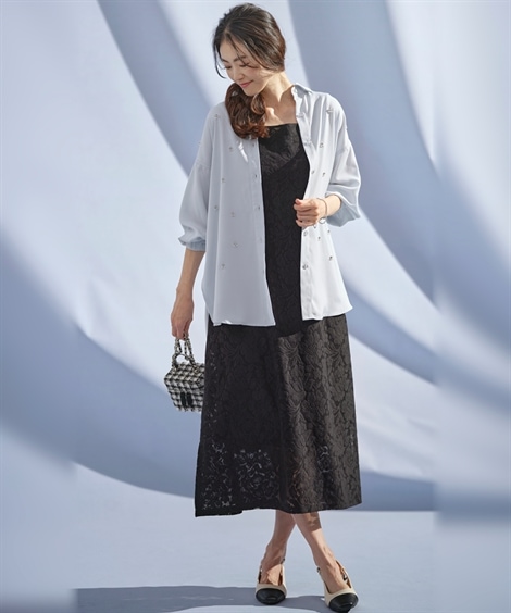 シャツブラウス ビジュー付７分袖ロングシャツ Hana服