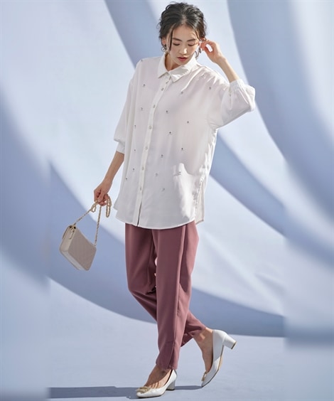 シャツブラウス ビジュー付７分袖ロングシャツ Hana服
