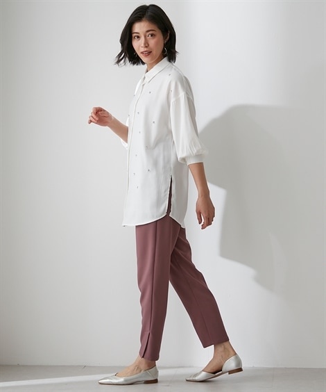 シャツブラウス ビジュー付７分袖ロングシャツ Hana服