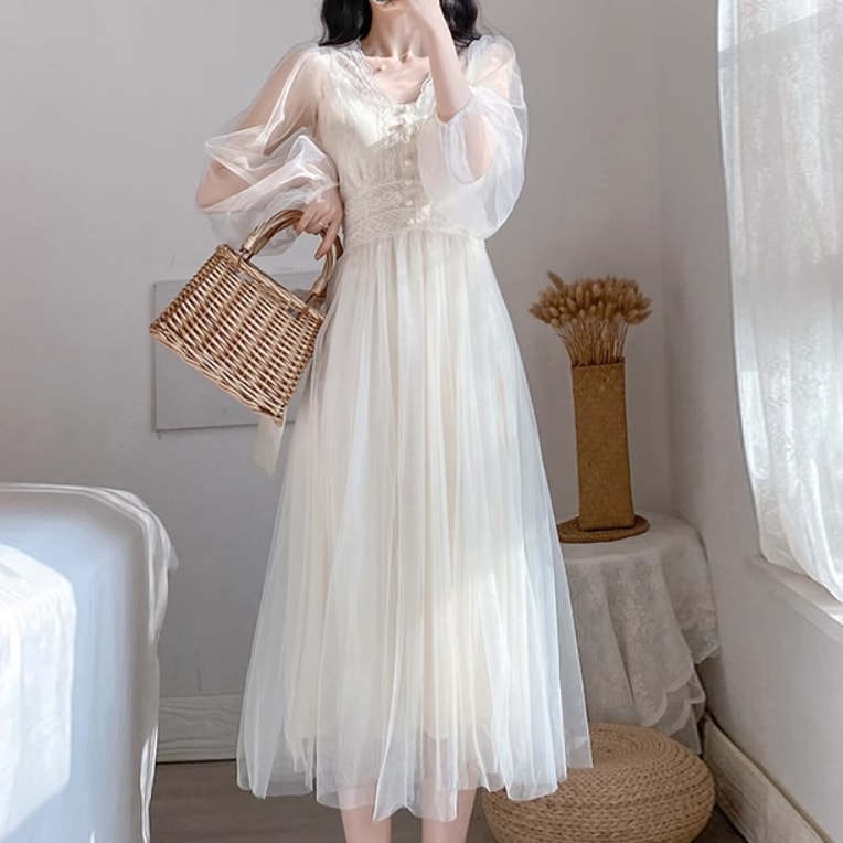 ドレス ワンピース ウェディング パーティー 結婚式 二次会 披露宴 演奏会 発表会 ステージ 舞台 ダンス ミモレ 長袖 Vネック 襟なし プリンセスライン 細身 Aライン レース チュール