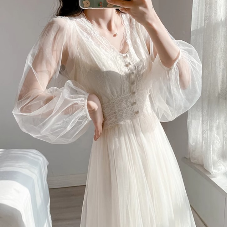 ドレス ワンピース ウェディング パーティー 結婚式 二次会 披露宴 演奏会 発表会 ステージ 舞台 ダンス ミモレ 長袖 Vネック 襟なし プリンセスライン 細身 Aライン レース チュール