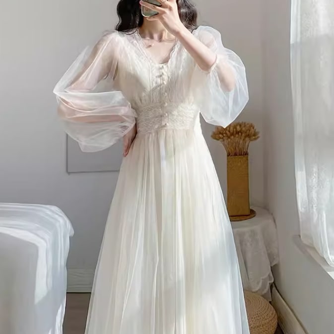 ドレス ワンピース ウェディング パーティー 結婚式 二次会 披露宴 演奏会 発表会 ステージ 舞台 ダンス ミモレ 長袖 Vネック 襟なし プリンセスライン 細身 Aライン レース チュール