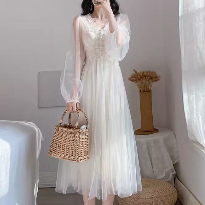 ドレス ワンピース ウェディング パーティー 結婚式 二次会 披露宴 演奏会 発表会 ステージ 舞台 ダンス ミモレ 長袖 Vネック 襟なし プリンセスライン 細身 Aライン レース チュール