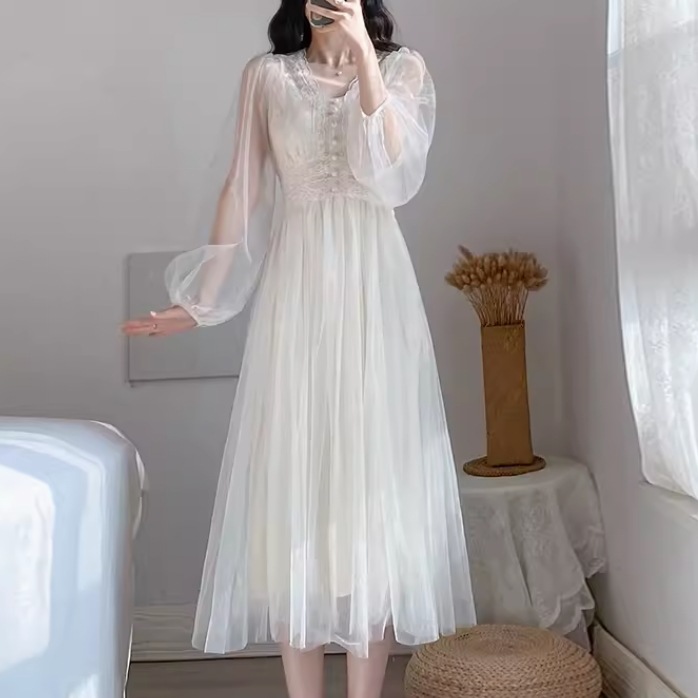 ドレス ワンピース ウェディング パーティー 結婚式 二次会 披露宴 演奏会 発表会 ステージ 舞台 ダンス ミモレ 長袖 Vネック 襟なし プリンセスライン 細身 Aライン レース チュール