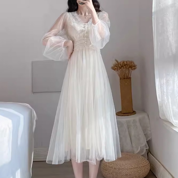 ドレス ワンピース ウェディング パーティー 結婚式 二次会 披露宴 演奏会 発表会 ステージ 舞台 ダンス ミモレ 長袖 Vネック 襟なし プリンセスライン 細身 Aライン レース チュール