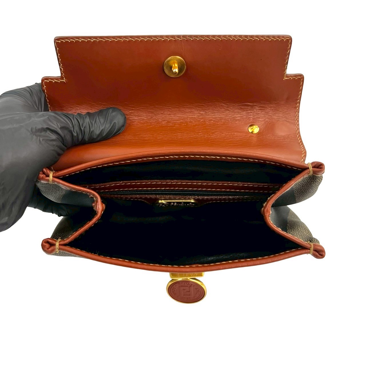 ぺカン 柄ショルダーバッグ レザー PVC ブラウン 40925