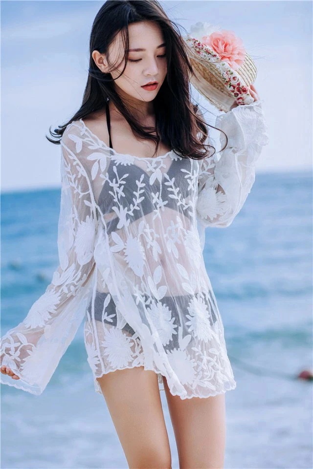 ビーチウェア レース シースルー トップス レディース 花柄 長袖 カバーアップ ラッシュガード レーストップス 黒 白 肌見せ 透け感 露出控えめ 体型カバー ゆったり おしゃれ 海 ビーチ リゾー