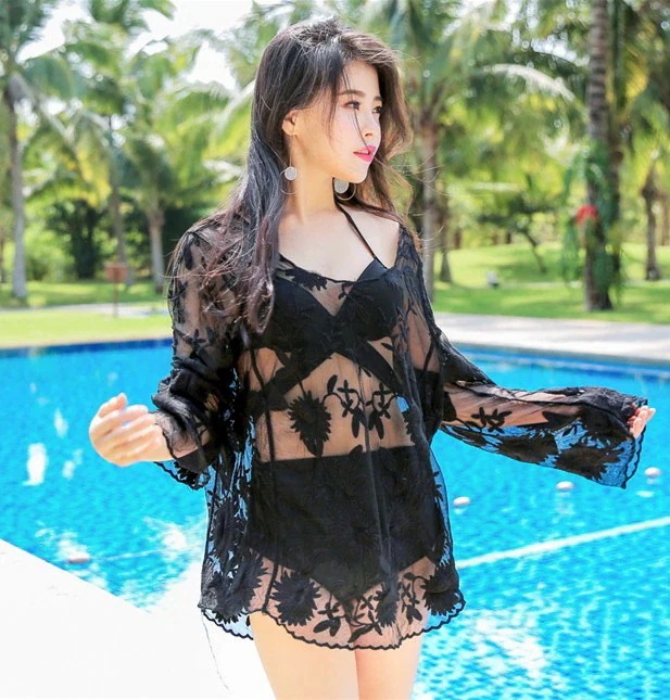 ビーチウェア レース シースルー トップス レディース 花柄 長袖 カバーアップ ラッシュガード レーストップス 黒 白 肌見せ 透け感 露出控えめ 体型カバー ゆったり おしゃれ 海 ビーチ リゾー