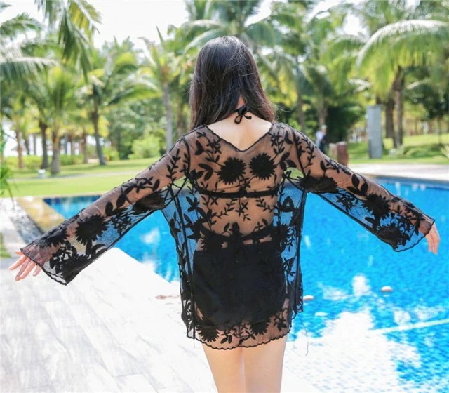 ビーチウェア レース シースルー トップス レディース 花柄 長袖 カバーアップ ラッシュガード レーストップス 黒 白 肌見せ 透け感 露出控えめ 体型カバー ゆったり おしゃれ 海 ビーチ リゾー