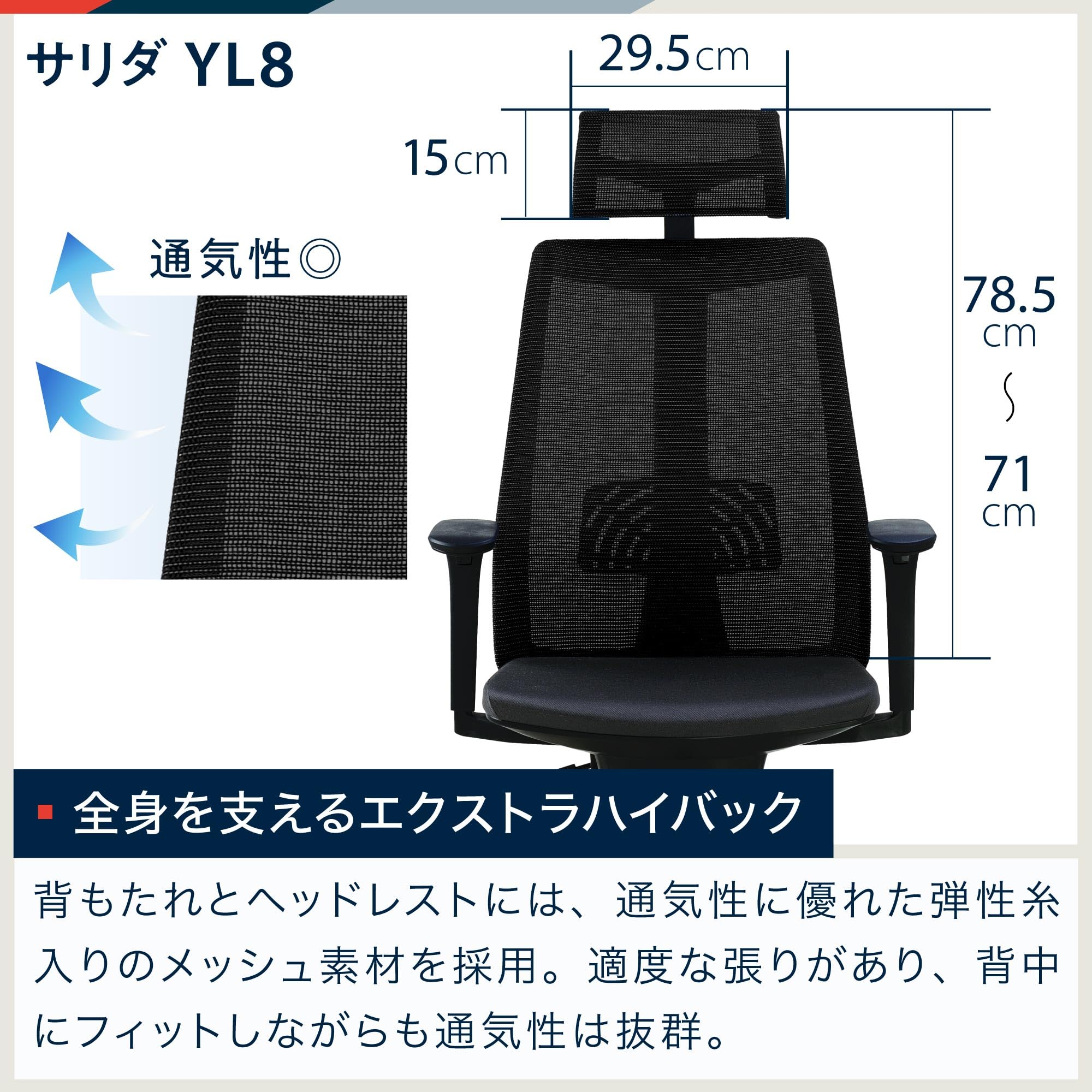 イトーキ サリダ YL8 ダックブルー×ブラック オフィスチェア【全身を支えるハイバック/通気性メッシュ素材/腰への負担を軽減 ランバーサポート/高機能ヘッドレスト/こだわりの座 72803
