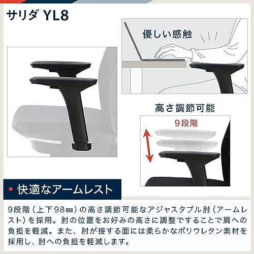 イトーキ サリダ YL8 ダックブルー×ブラック オフィスチェア【全身を支えるハイバック/通気性メッシュ素材/腰への負担を軽減 ランバーサポート/高機能ヘッドレスト/こだわりの座 72803