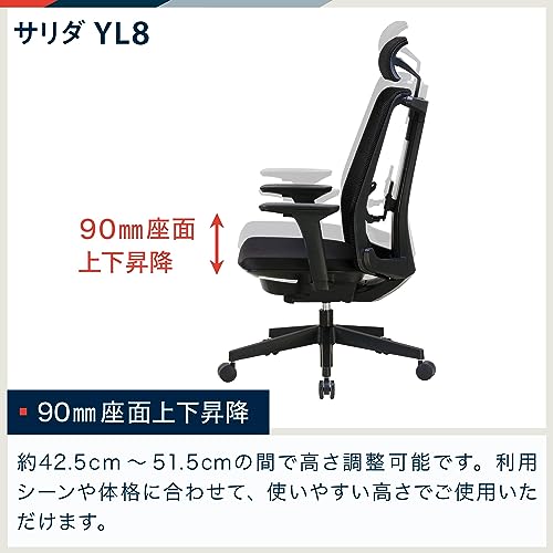 イトーキ サリダ YL8 ダックブルー×ブラック オフィスチェア【全身を支えるハイバック/通気性メッシュ素材/腰への負担を軽減 ランバーサポート/高機能ヘッドレスト/こだわりの座 72803