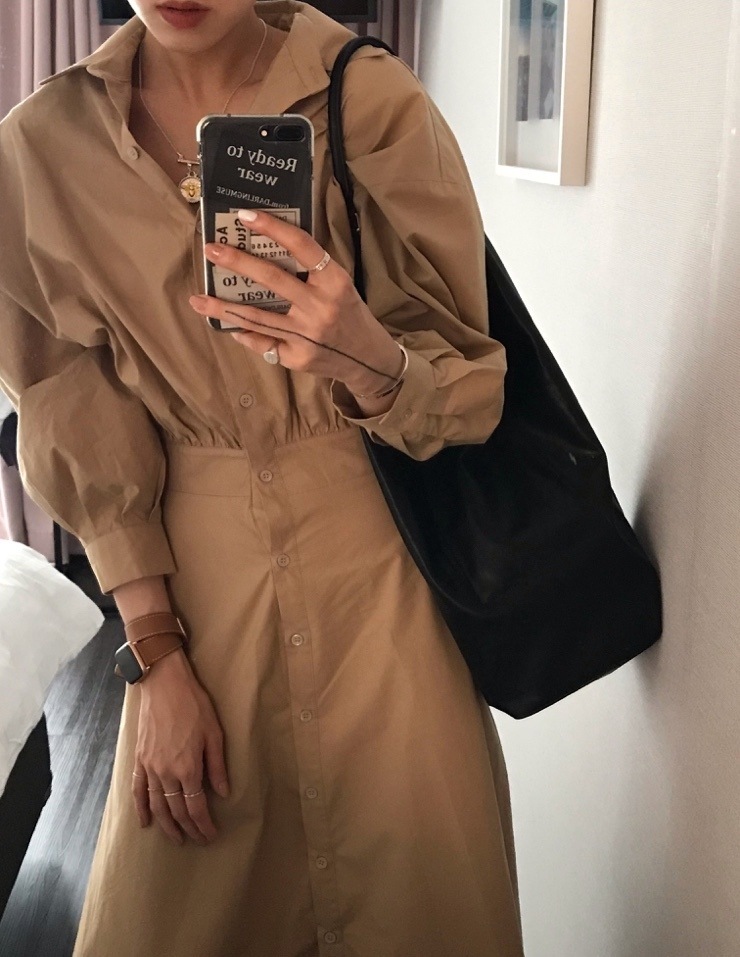 2色 ワンピース 長袖 秋 カジュアル ロング シャツワンピース マキシ ロング ロング丈 マキシ マキシ丈 9分丈 アンクル丈 Vネック 襟付き ポロカラー ウエストマーク 緑 グリーン ベージュ