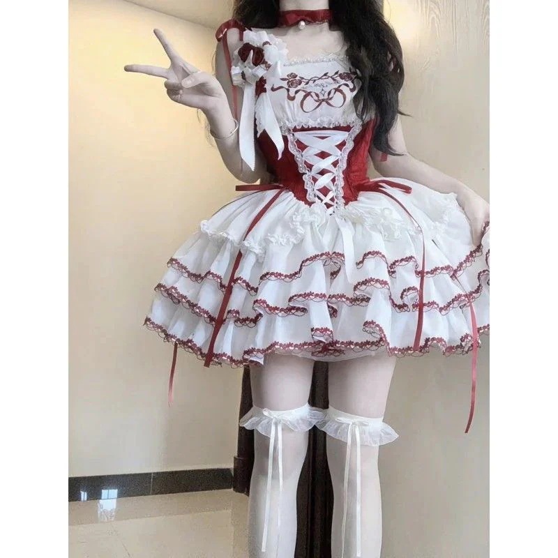 コスプレドレス 復古 ロリータ かわいい レース つぎて キャミソールワンピース 腰をすぼめる フリル ポンポンスカート 花嫁 茶会