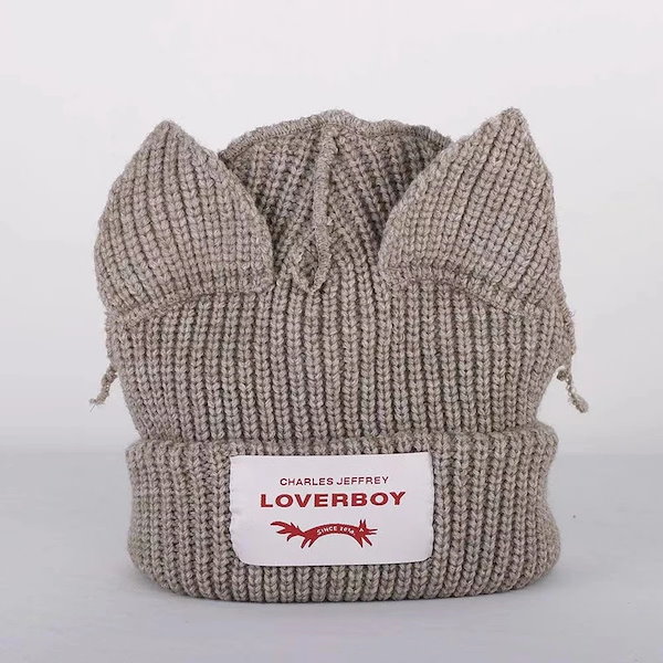 【希少カラー】LOVERBOY 猫耳ビーニー Qoo10] Loverboy-猫の耳のニット帽単色暖