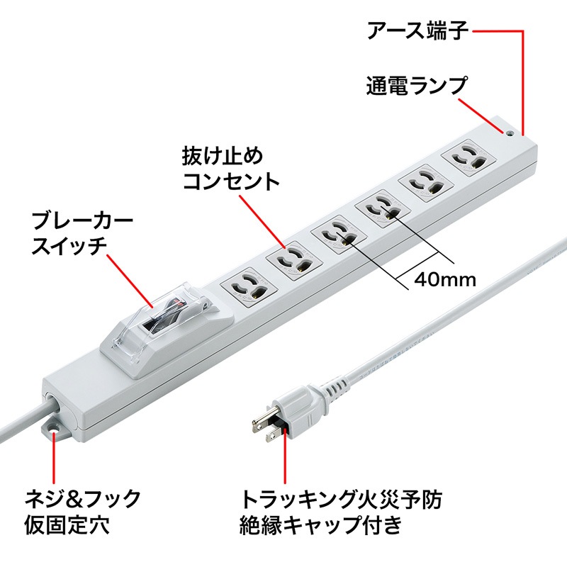 安全ブレーカータップ オフィス 工場用 3P 6個口 5m TAP-BR36A-5