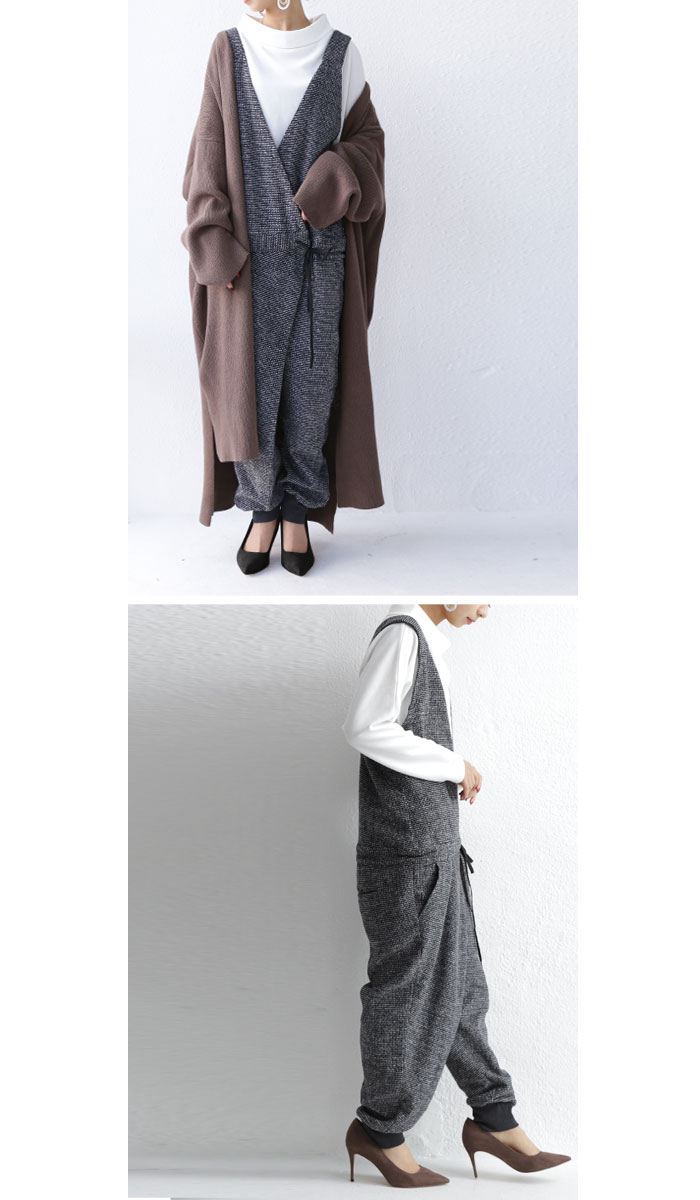 ウール混のほっこりさもシックに纏める大人顔デザインチェック柄サロペ・メール便不可【202B】 ウール混のほっこりさもシックに纏める大人顔デザインチェック柄サロペ・メール便不可【202B】