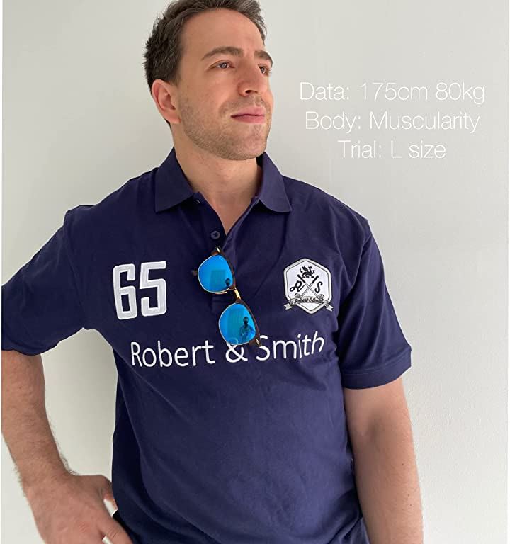 ロバート・アンド・スミス 100% コットン 定番 ゴルフ ポロシャツ ゴルフウエア 半袖メンズ(ネイビー, L)