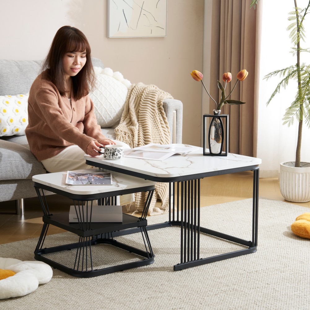 【2点購入で150OFF】【国内即発送】【新作登場】センターテーブル テーブル ローテーブル 大理石調 波紋 収納付き おしゃれ 入れ子式 正方形 2個セット 光沢感 組み合わせ自由【ホワイト（ブラッ