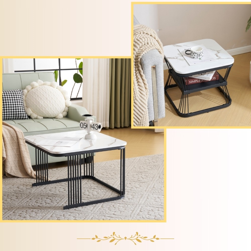 【2点購入で150OFF】【国内即発送】【新作登場】センターテーブル テーブル ローテーブル 大理石調 波紋 収納付き おしゃれ 入れ子式 正方形 2個セット 光沢感 組み合わせ自由【ホワイト（ブラッ