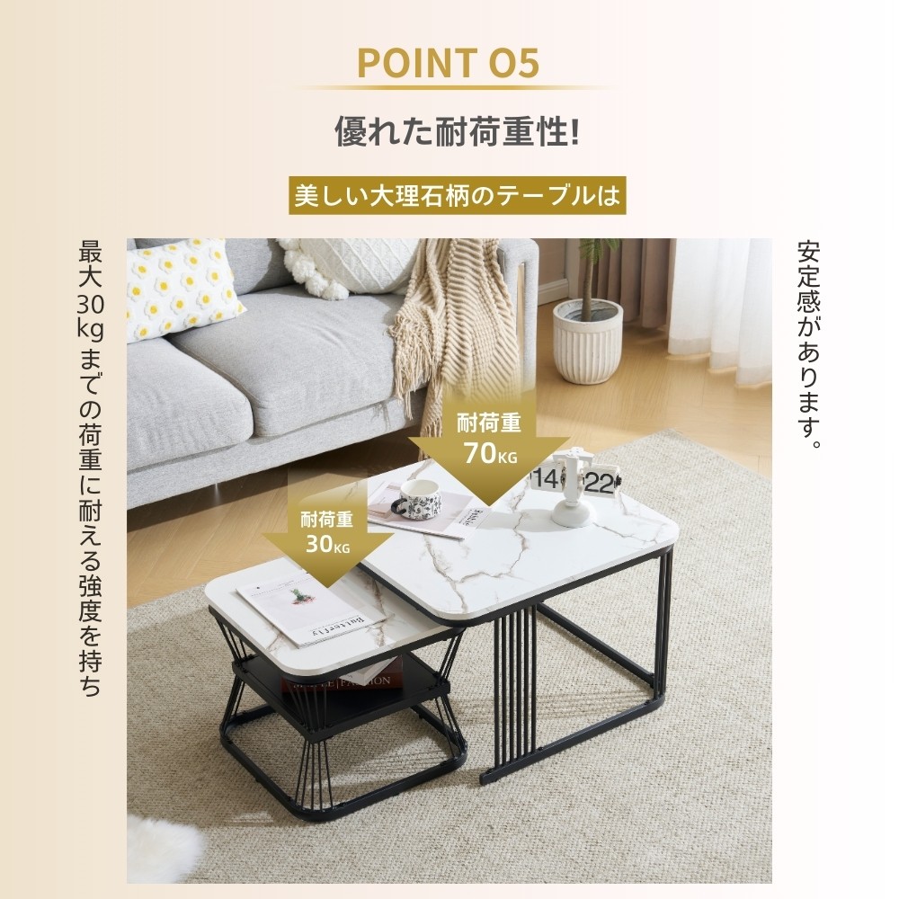 【2点購入で150OFF】【国内即発送】【新作登場】センターテーブル テーブル ローテーブル 大理石調 波紋 収納付き おしゃれ 入れ子式 正方形 2個セット 光沢感 組み合わせ自由【ホワイト（ブラッ