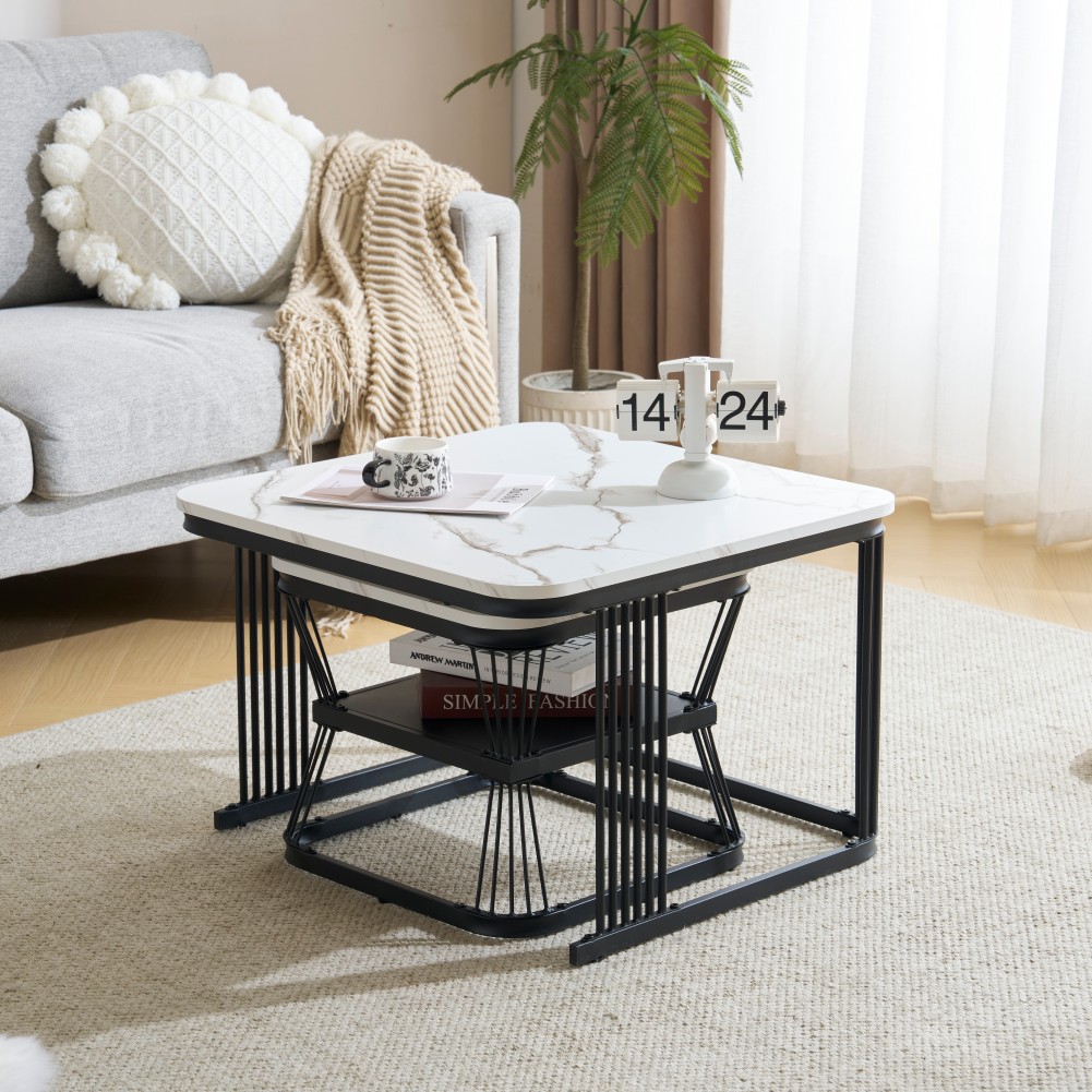 【2点購入で150OFF】【国内即発送】【新作登場】センターテーブル テーブル ローテーブル 大理石調 波紋 収納付き おしゃれ 入れ子式 正方形 2個セット 光沢感 組み合わせ自由【ホワイト（ブラッ