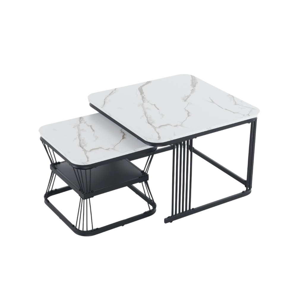 【2点購入で150OFF】【国内即発送】【新作登場】センターテーブル テーブル ローテーブル 大理石調 波紋 収納付き おしゃれ 入れ子式 正方形 2個セット 光沢感 組み合わせ自由【ホワイト（ブラッ
