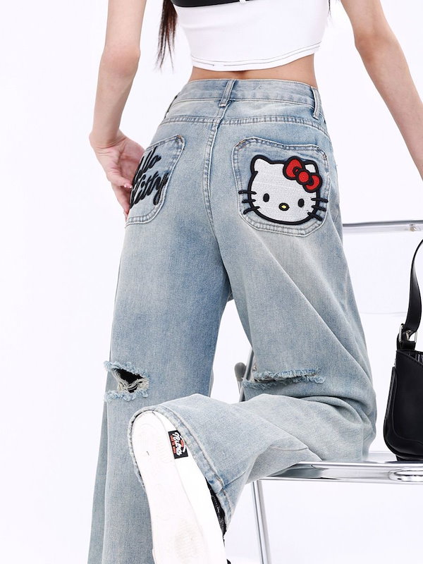 新品♪RCWB☆キティちゃん刺繍デニムパンツ RODEO CROWNS WIDE BOWL | (サンリオキャラクターズ)DRAWING