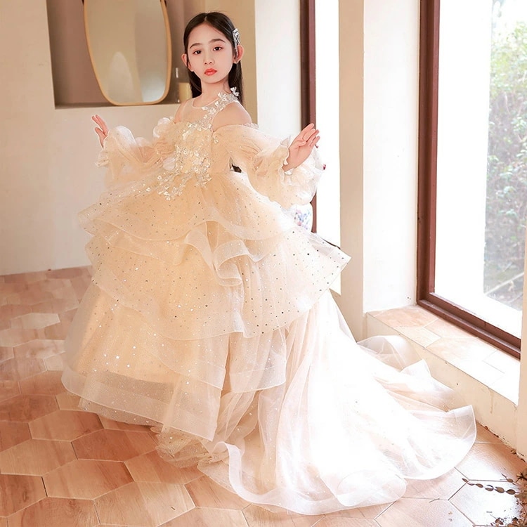 ピアノ発表会ドレス ロングドレス シャンパン色 子供ドレス パフスリーブ 花柄 オシャレ 女児ドレス 演奏会ドレス 肩出し トレーンドレス キッズドレス 長袖 フリル プリンセスドレス フォーマル 演