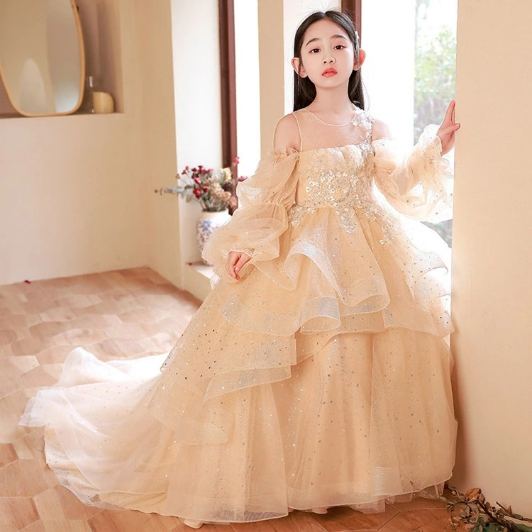 ピアノ発表会ドレス ロングドレス シャンパン色 子供ドレス パフスリーブ 花柄 オシャレ 女児ドレス 演奏会ドレス 肩出し トレーンドレス キッズドレス 長袖 フリル プリンセスドレス フォーマル 演