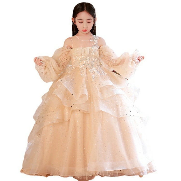 ピアノ発表会ドレス ロングドレス シャンパン色 子供ドレス パフスリーブ 花柄 オシャレ 女児ドレス 演奏会ドレス 肩出し トレーンドレス キッズドレス 長袖 フリル プリンセスドレス フォーマル 演