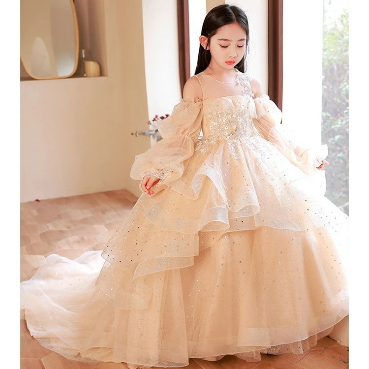 ピアノ発表会ドレス ロングドレス シャンパン色 子供ドレス パフスリーブ 花柄 オシャレ 女児ドレス 演奏会ドレス 肩出し トレーンドレス キッズドレス 長袖 フリル プリンセスドレス フォーマル 演