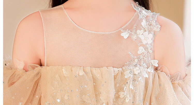 ピアノ発表会ドレス ロングドレス シャンパン色 子供ドレス パフスリーブ 花柄 オシャレ 女児ドレス 演奏会ドレス 肩出し トレーンドレス キッズドレス 長袖 フリル プリンセスドレス フォーマル 演