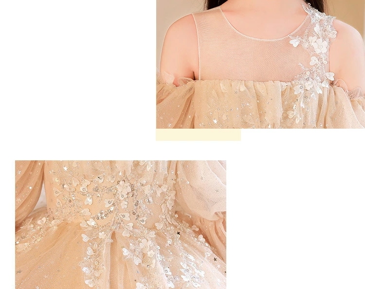 ピアノ発表会ドレス ロングドレス シャンパン色 子供ドレス パフスリーブ 花柄 オシャレ 女児ドレス 演奏会ドレス 肩出し トレーンドレス キッズドレス 長袖 フリル プリンセスドレス フォーマル 演