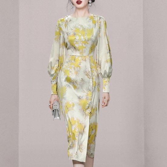【取寄:納期2週間】ワンピース 花柄 パフスリーブ スリット タイトワンピース ミディアム丈 ロング丈 花柄プリント フラワープリント イエロー パールボタン レトロ クラシカル 上品 大人 【取寄:納期2週間】ワンピース 花柄 パフスリーブ スリット タイトワンピース ミディアム丈 ロング丈 花柄プリント フラワープリント イエロー パールボタン レトロ クラシカル 上品 大人
