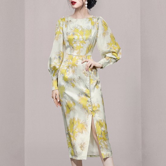 【取寄:納期2週間】ワンピース 花柄 パフスリーブ スリット タイトワンピース ミディアム丈 ロング丈 花柄プリント フラワープリント イエロー パールボタン レトロ クラシカル 上品 大人 【取寄:納期2週間】ワンピース 花柄 パフスリーブ スリット タイトワンピース ミディアム丈 ロング丈 花柄プリント フラワープリント イエロー パールボタン レトロ クラシカル 上品 大人