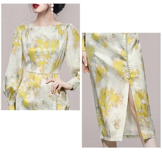 【取寄:納期2週間】ワンピース 花柄 パフスリーブ スリット タイトワンピース ミディアム丈 ロング丈 花柄プリント フラワープリント イエロー パールボタン レトロ クラシカル 上品 大人 【取寄:納期2週間】ワンピース 花柄 パフスリーブ スリット タイトワンピース ミディアム丈 ロング丈 花柄プリント フラワープリント イエロー パールボタン レトロ クラシカル 上品 大人