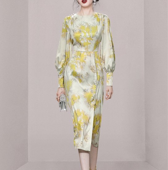 【取寄:納期2週間】ワンピース 花柄 パフスリーブ スリット タイトワンピース ミディアム丈 ロング丈 花柄プリント フラワープリント イエロー パールボタン レトロ クラシカル 上品 大人 【取寄:納期2週間】ワンピース 花柄 パフスリーブ スリット タイトワンピース ミディアム丈 ロング丈 花柄プリント フラワープリント イエロー パールボタン レトロ クラシカル 上品 大人