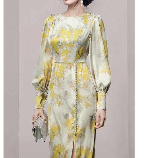 【取寄:納期2週間】ワンピース 花柄 パフスリーブ スリット タイトワンピース ミディアム丈 ロング丈 花柄プリント フラワープリント イエロー パールボタン レトロ クラシカル 上品 大人 【取寄:納期2週間】ワンピース 花柄 パフスリーブ スリット タイトワンピース ミディアム丈 ロング丈 花柄プリント フラワープリント イエロー パールボタン レトロ クラシカル 上品 大人