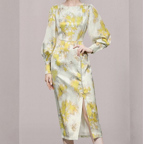 【取寄:納期2週間】ワンピース 花柄 パフスリーブ スリット タイトワンピース ミディアム丈 ロング丈 花柄プリント フラワープリント イエロー パールボタン レトロ クラシカル 上品 大人 【取寄:納期2週間】ワンピース 花柄 パフスリーブ スリット タイトワンピース ミディアム丈 ロング丈 花柄プリント フラワープリント イエロー パールボタン レトロ クラシカル 上品 大人