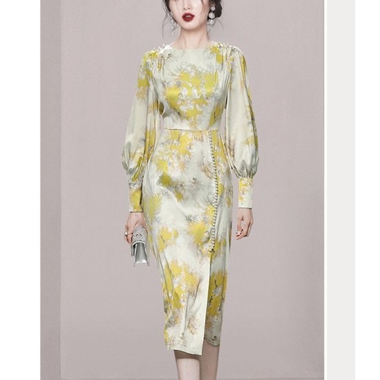 【取寄:納期2週間】ワンピース 花柄 パフスリーブ スリット タイトワンピース ミディアム丈 ロング丈 花柄プリント フラワープリント イエロー パールボタン レトロ クラシカル 上品 大人 【取寄:納期2週間】ワンピース 花柄 パフスリーブ スリット タイトワンピース ミディアム丈 ロング丈 花柄プリント フラワープリント イエロー パールボタン レトロ クラシカル 上品 大人